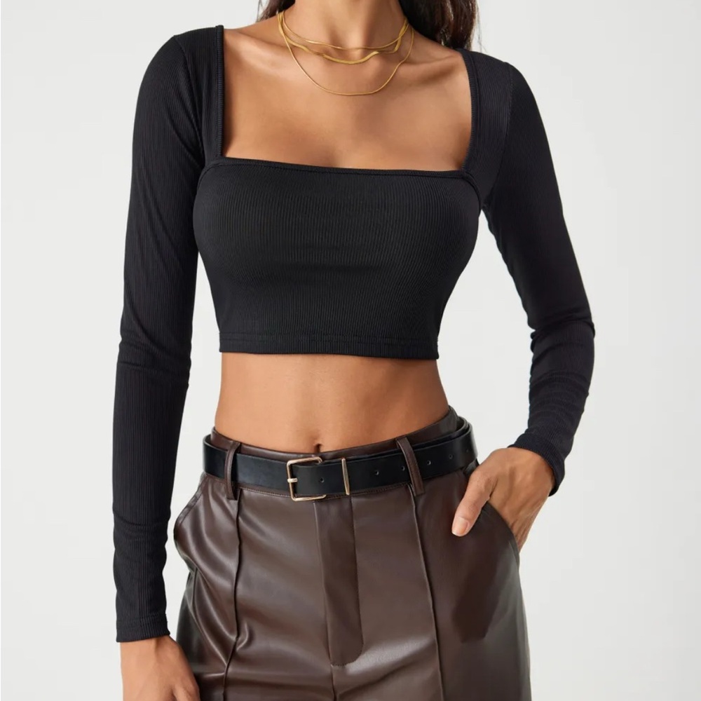 Cider Black Square Neck Ribbed Long Sleeve Crop Top S